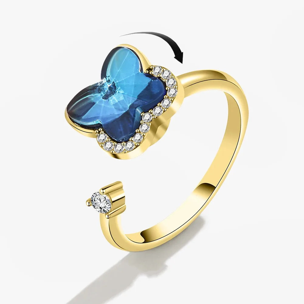 Fidget Spinner Ring for Women – Anti-Stress & Anxiety Relief, Multi-Crystal Flower, Eye, Butterfly & Animal Rotating Jewelry for Weddings & Gifts