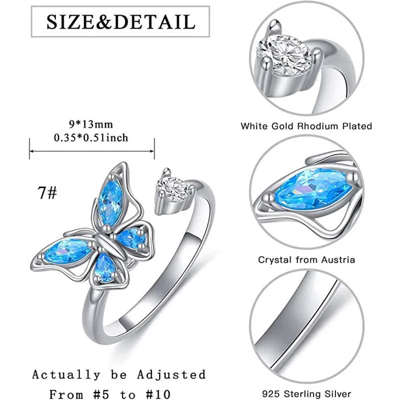 Fidget Spinner Ring for Women – Anti-Stress & Anxiety Relief, Multi-Crystal Flower, Eye, Butterfly & Animal Rotating Jewelry for Weddings & Gifts