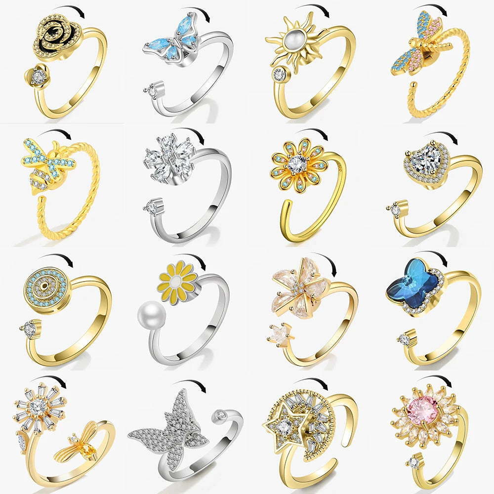 Fidget Spinner Ring for Women – Anti-Stress & Anxiety Relief, Multi-Crystal Flower, Eye, Butterfly & Animal Rotating Jewelry for Weddings & Gifts