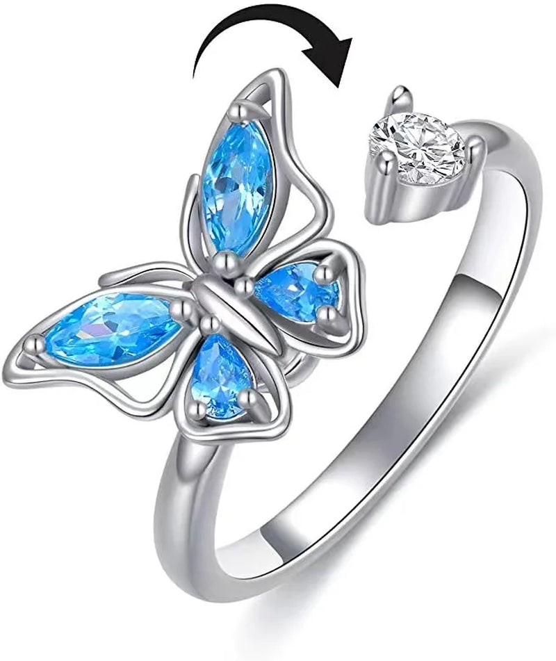 Fidget Spinner Ring for Women – Anti-Stress & Anxiety Relief, Multi-Crystal Flower, Eye, Butterfly & Animal Rotating Jewelry for Weddings & Gifts