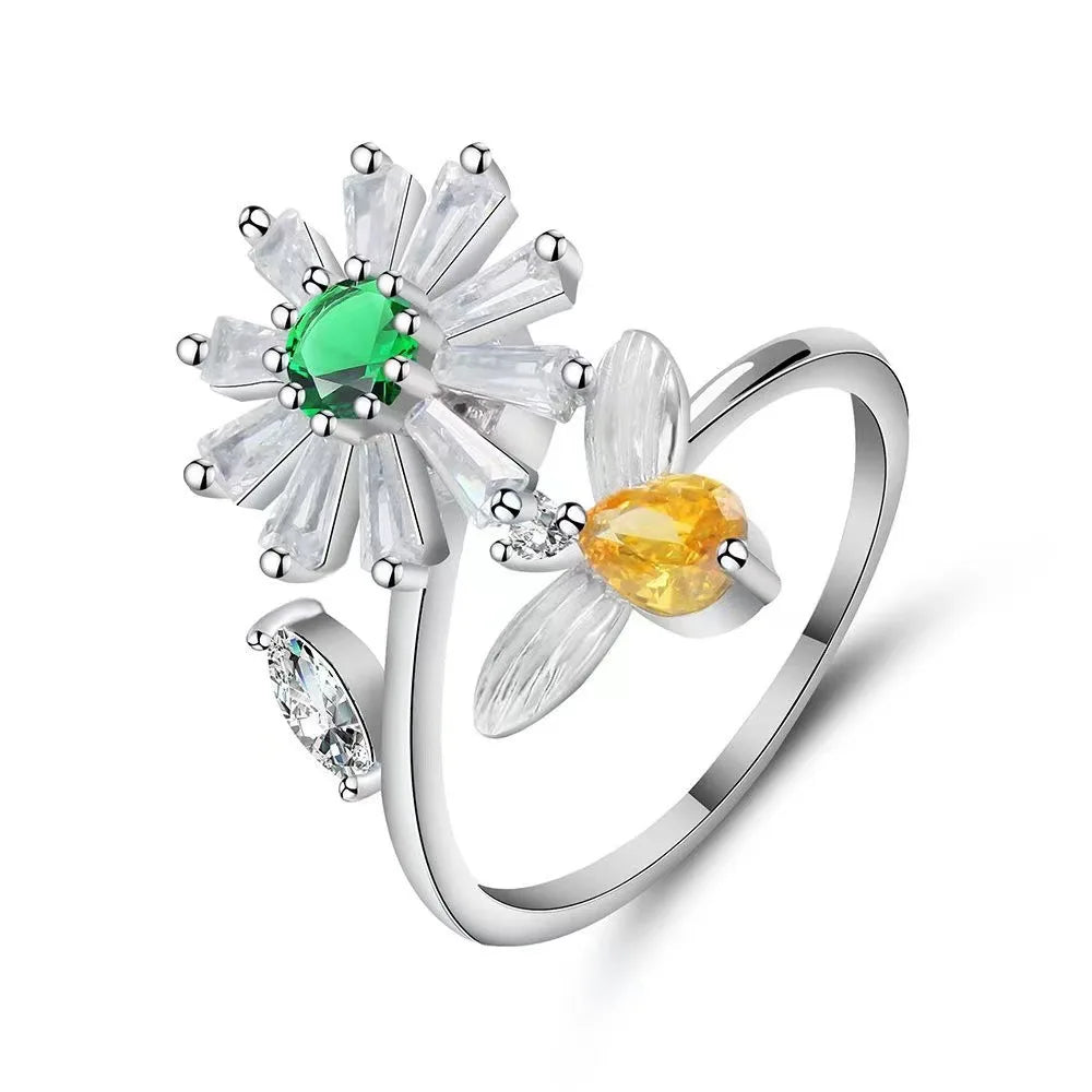 Fidget Spinner Ring for Women – Anti-Stress & Anxiety Relief, Multi-Crystal Flower, Eye, Butterfly & Animal Rotating Jewelry for Weddings & Gifts
