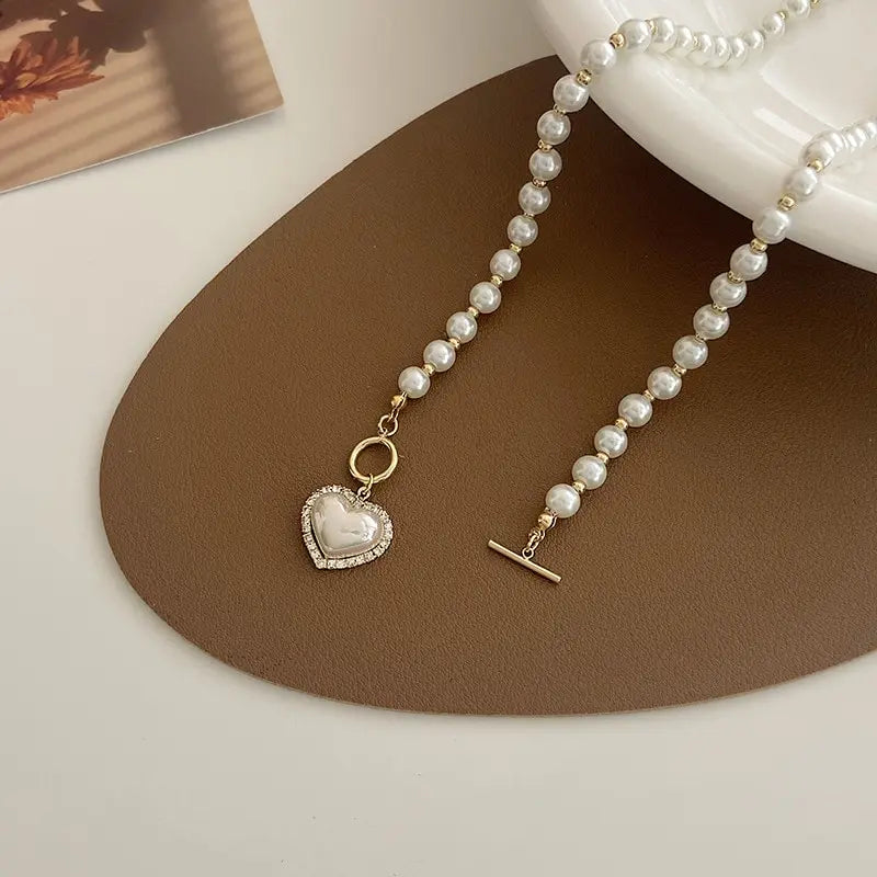 Elegant Pearl Heart Pendant Necklace – Korean Jewelry