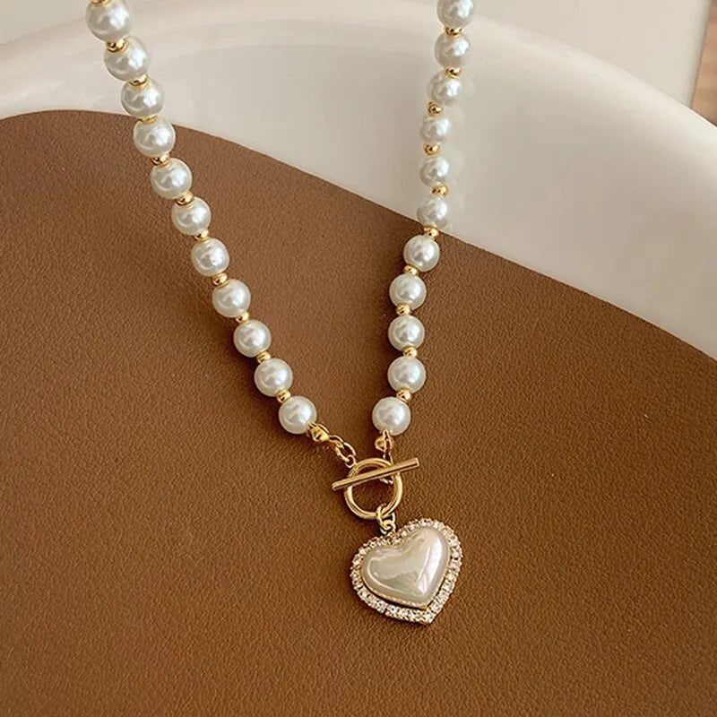 Elegant Pearl Heart Pendant Necklace – Korean Jewelry